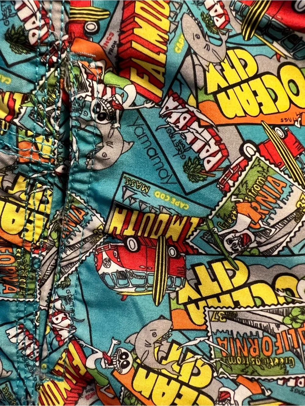 Turquoise Graphic Swim Shorts with Yellow Ocean Print